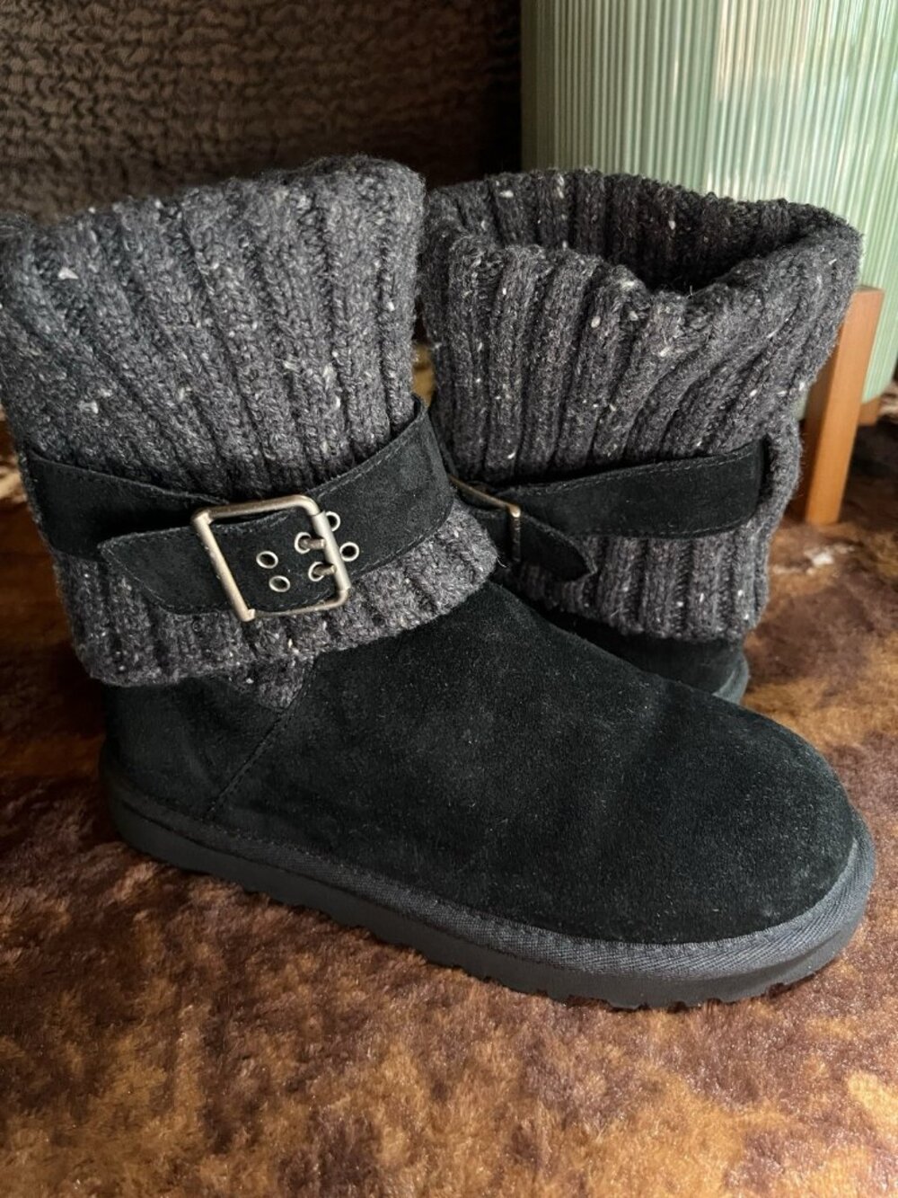 UGG Women’s Sweater Booties Size 5 Black Gray Buckle Knit Boots